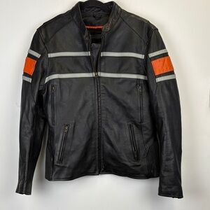 Unik Premium Black Leather Moto Jacket Racing Stripes Orange gray Size L
